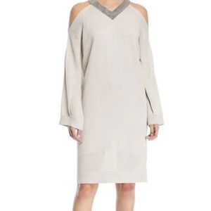 BRUNELLO CUCINELLI $2,675 V-Neck Cold-Shoulder Linen Silk Paillette Tunic Dress